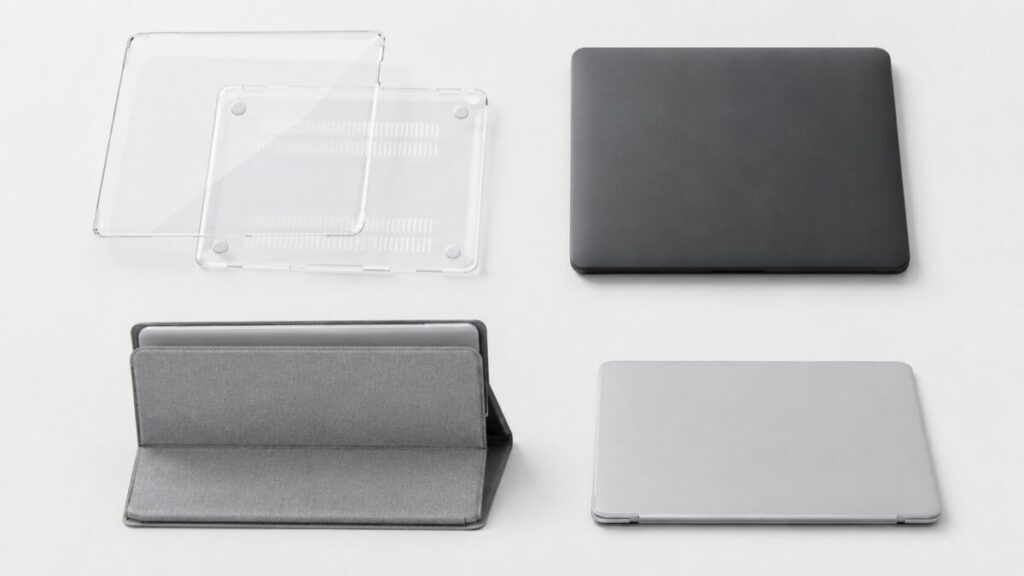 MacBookケース4種類の比較イメージ|クリアハードケース・マットハードケース・スタンド兼用スリーブ・薄型ケース