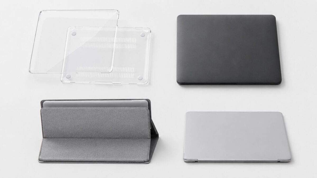 MacBookケース4種類の比較イメージ|クリアハードケース・マットハードケース・スタンド兼用スリーブ・薄型ケース