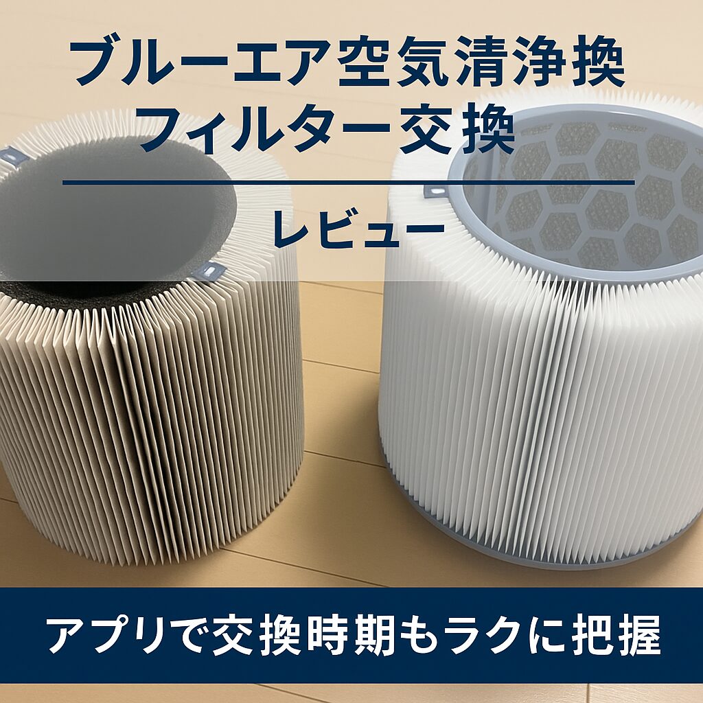 使用済みと新品のブルーエア空気清浄機フィルターを並べて比較している写真