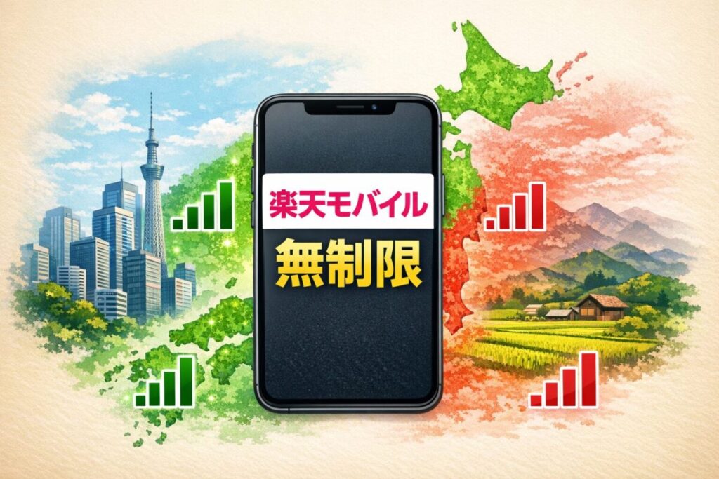 楽天モバイルの無制限プランは都市部と地方で通信エリアに差があることを示すイメージ