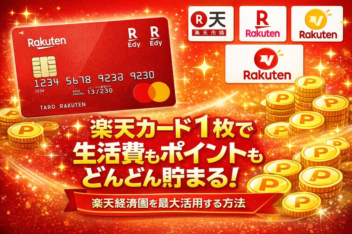 楽天カード1枚で楽天経済圏を最大活用し、生活費とポイントを効率よく貯めるイメージ