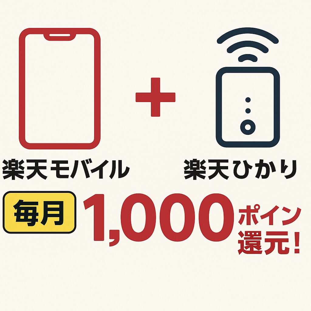 楽天ひかりと楽天モバイルのセット利用で毎月1,000ポイントが還元されるキャンペーンを紹介するブログ記事用アイキャッチ画像。左にスマホ、右にWi-Fiルーターのイラスト。
