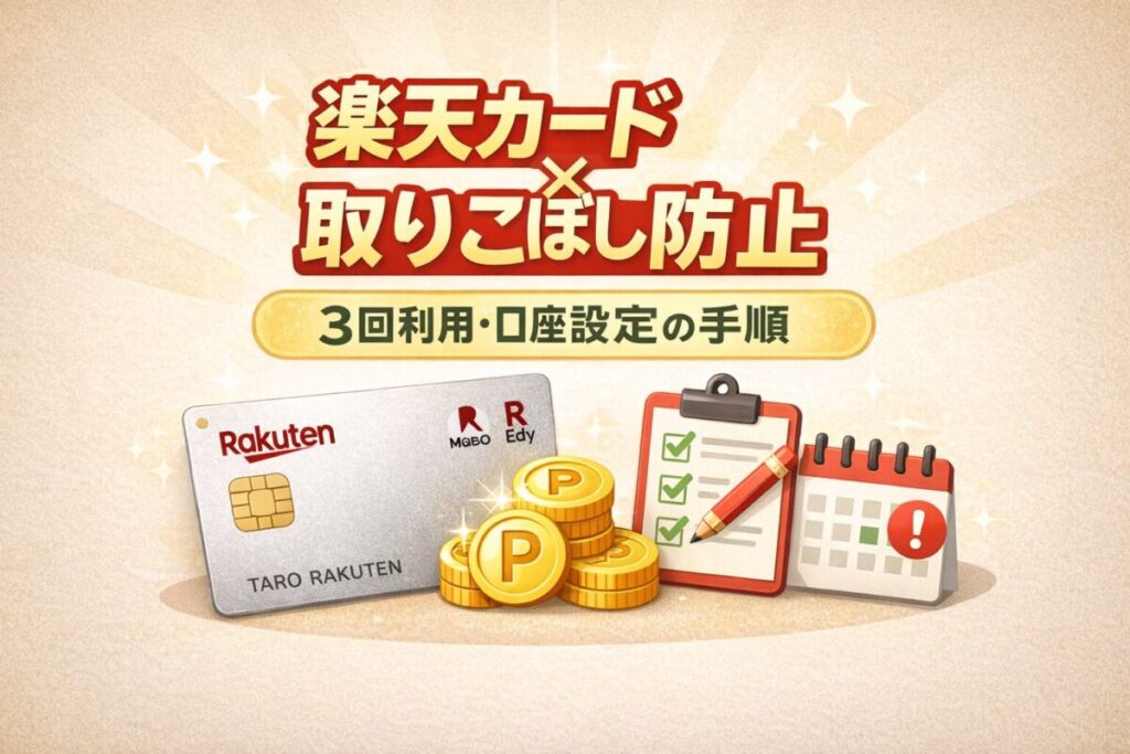 楽天カード入会特典の取りこぼし防止（3回利用・口座設定の手順）