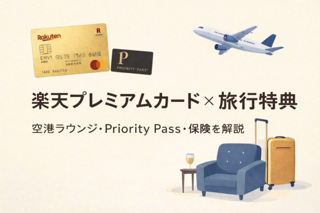 楽天プレミアムカードの旅行特典(空港ラウンジ・Priority Pass・旅行保険)を解説するアイキャッチ画像