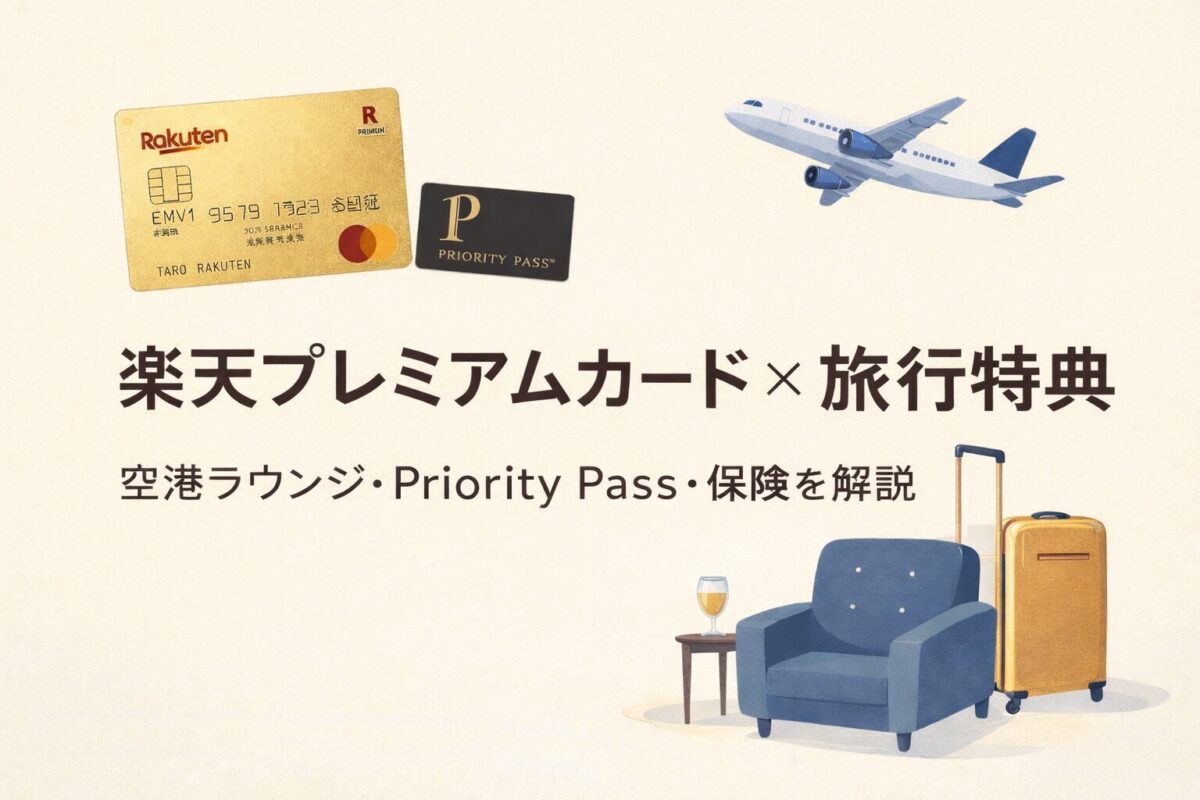楽天プレミアムカードの旅行特典(空港ラウンジ・Priority Pass・旅行保険)を解説するアイキャッチ画像
