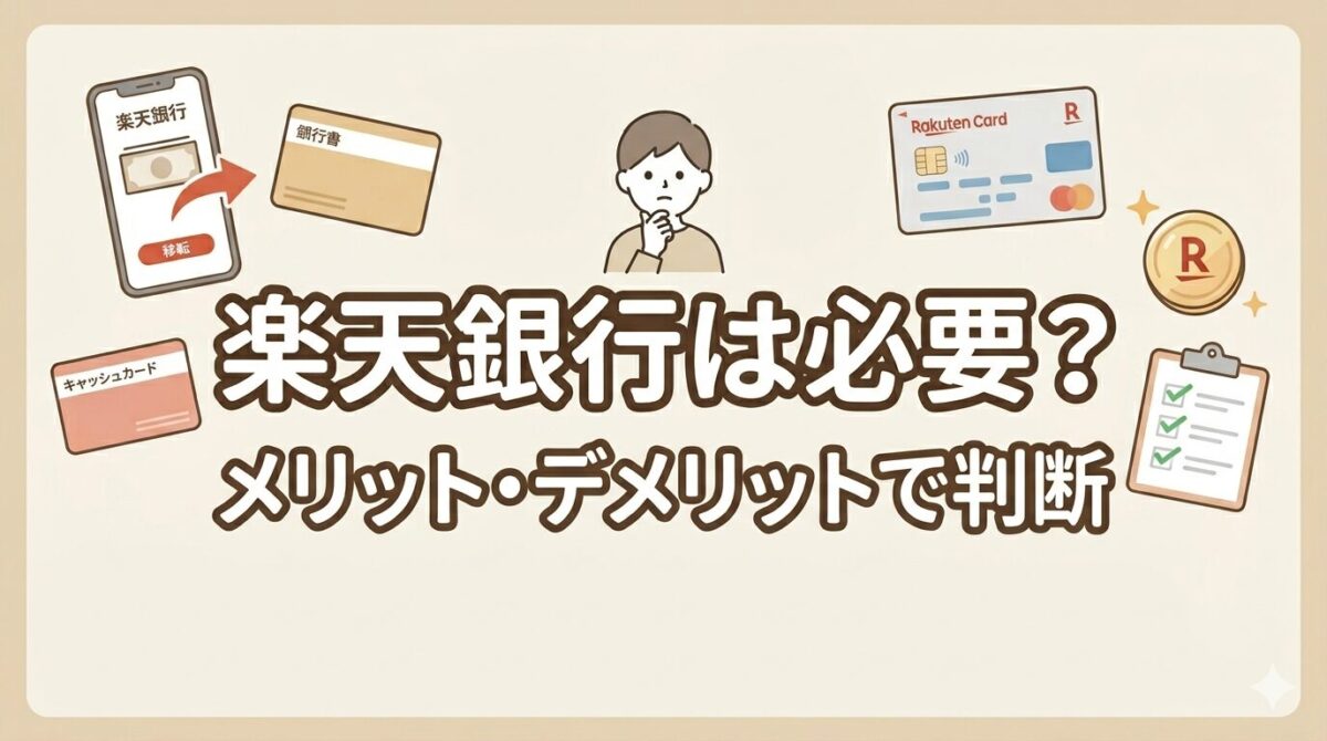 楽天銀行が楽天経済圏で必要かを、楽天カードやポイント、チェックリストのイラストとともに表したアイキャッチ画像