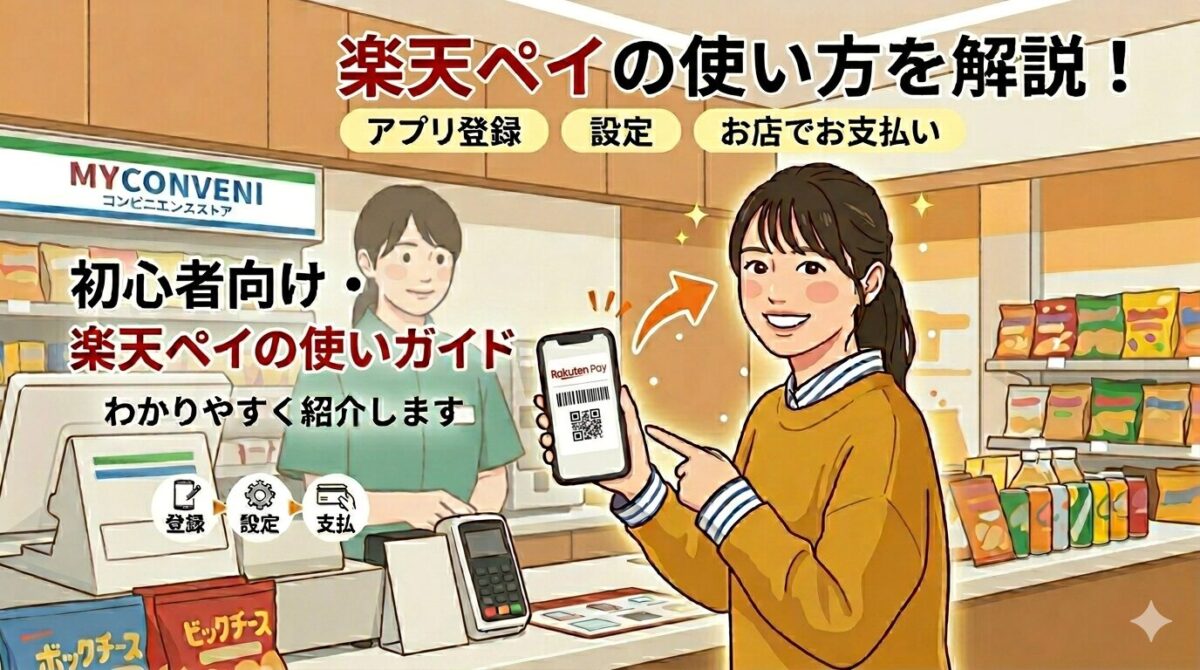 楽天ペイの使い方を初心者向けに紹介するアイキャッチ画像。アプリ登録、設定、お店での支払いの流れをイラストで表現している。