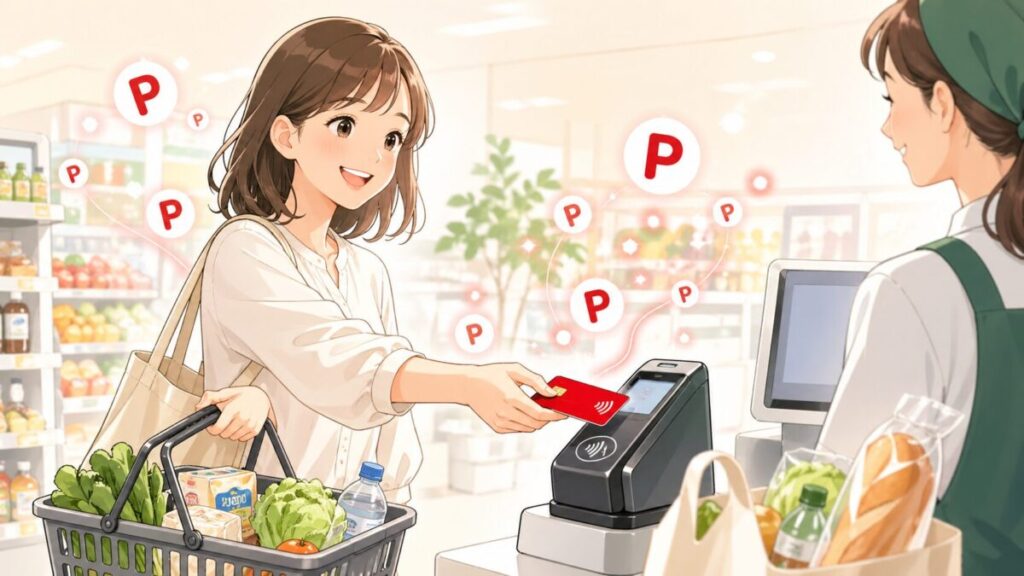 スーパーで楽天カードをタッチ決済する女性のイラスト。周囲に楽天ポイントのPマークが浮かんでいる