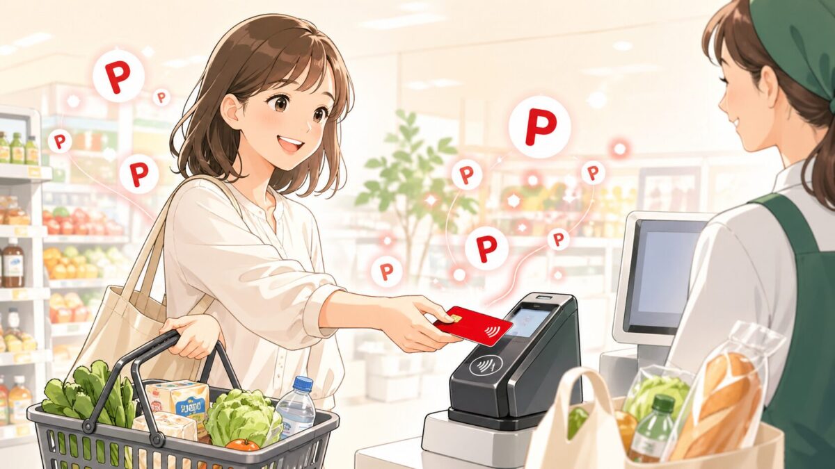 スーパーで楽天カードをタッチ決済する女性のイラスト。周囲に楽天ポイントのPマークが浮かんでいる
