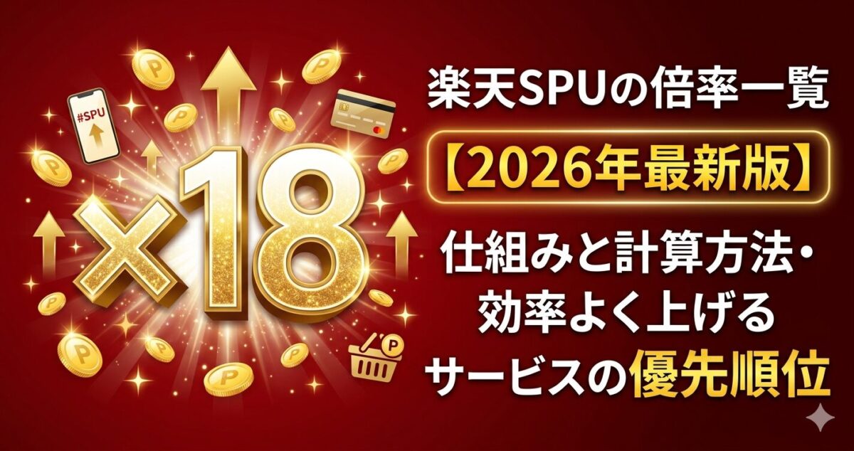 楽天SPUの倍率一覧と2026年最新版をテーマにしたブログアイキャッチ画像。赤い背景に大きな「×18」、上向き矢印、コイン、買い物アイコンを配置したデザイン
