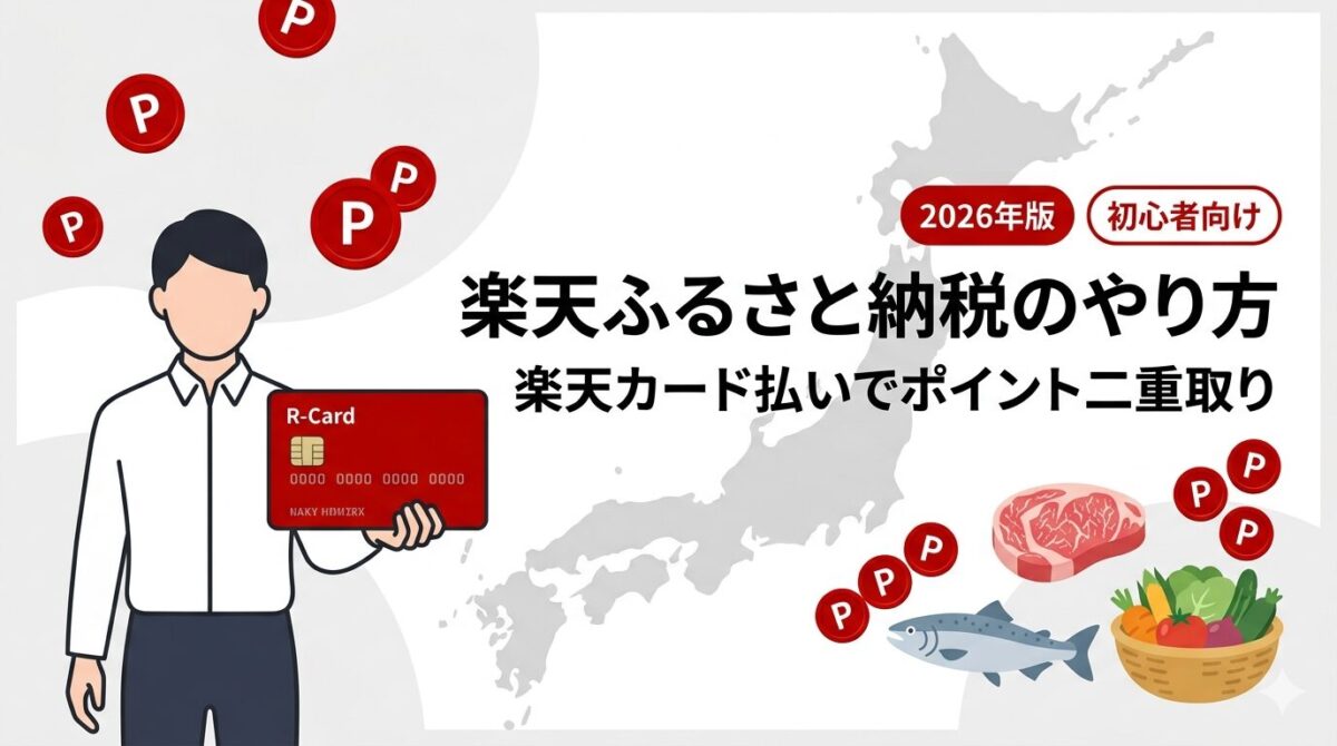 楽天カードを持った人物と日本地図・返礼品（肉・魚・野菜）のイラスト。楽天ふるさと納税のやり方を解説する記事のアイキャッチ画像。