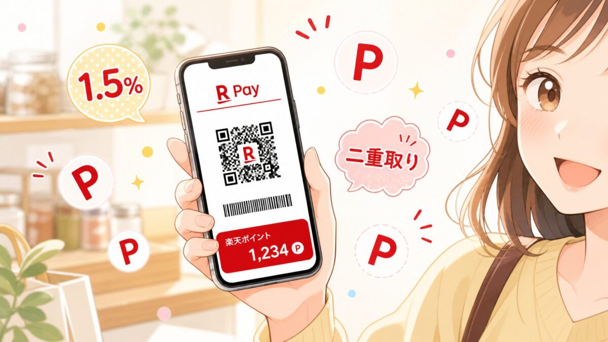 楽天ペイのQRコードを表示するスマートフォンを持つ女性のイラスト。周囲に1.5%・二重取り・楽天ポイントのPマークが浮かんでいる