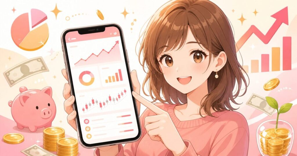 スマートフォンで楽天証券の口座開設画面を操作する女性のイラスト。周囲に上昇グラフ・コイン・紙幣・貯金箱が描かれている
