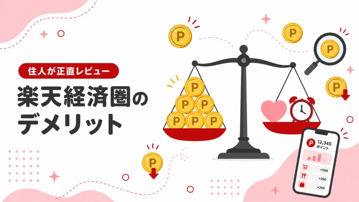 楽天経済圏のメリットとデメリットを住人が正直に比較し、後悔しない付き合い方を解説するイメージイラスト